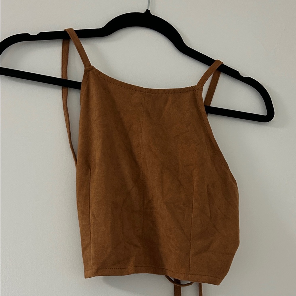 Brown suede crop top with criss cross back tie